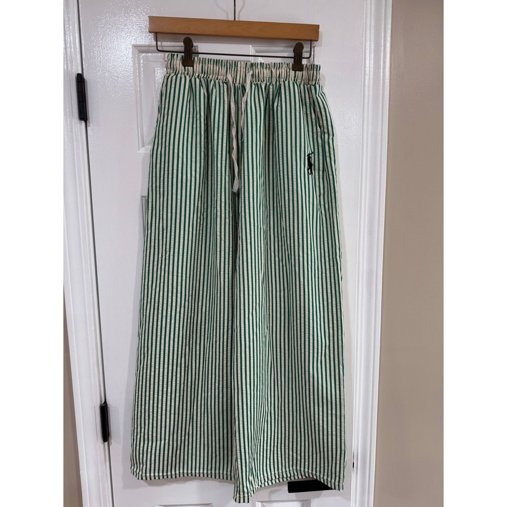 Polo Ralph Lauren Green White Striped Wide Leg Drawstring Pants Women Large